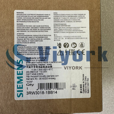 Siemens 3RW3018-1BB14 SOFT STARTER 24V AC/DC 200-480VAC 17.6AMP 7.5KW/400V NEW
